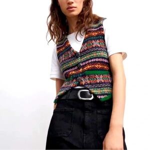 ZARA Wool Blend Jacquard Sweater Vest Embellished Buttons Multicolor Fisherman